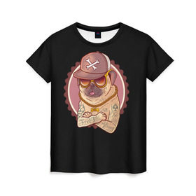 Женская футболка 3D с принтом Ганстамопс в Кировске, 100% полиэфир ( синтетическое хлопкоподобное полотно) | прямой крой, круглый вырез горловины, длина до линии бедер | домашние животные | мопс | пес | песик | собака | собачка