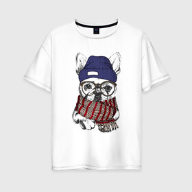 Женская футболка хлопок Oversize с принтом Бултдог в шарфике в Кировске, 100% хлопок | свободный крой, круглый ворот, спущенный рукав, длина до линии бедер
 | бульдог | домашние животные | пес | песик | собака | собачка | французский бульдог