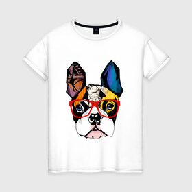 Женская футболка хлопок с принтом Лоскутный мопс в Кировске, 100% хлопок | прямой крой, круглый вырез горловины, длина до линии бедер, слегка спущенное плечо | бульдог | домашние животные | пес | песик | собака | собачка | французский бульдог