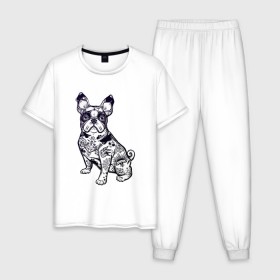 Мужская пижама хлопок с принтом Суровый бульдог в Кировске, 100% хлопок | брюки и футболка прямого кроя, без карманов, на брюках мягкая резинка на поясе и по низу штанин
 | бульдог | домашние животные | пес | песик | собака | собачка | французский бульдог