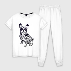 Женская пижама хлопок с принтом Суровый бульдог в Кировске, 100% хлопок | брюки и футболка прямого кроя, без карманов, на брюках мягкая резинка на поясе и по низу штанин | бульдог | домашние животные | пес | песик | собака | собачка | французский бульдог