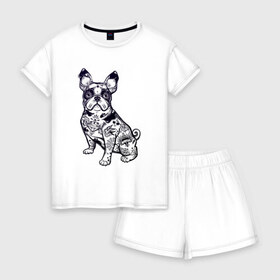 Женская пижама с шортиками хлопок с принтом Суровый бульдог в Кировске, 100% хлопок | футболка прямого кроя, шорты свободные с широкой мягкой резинкой | бульдог | домашние животные | пес | песик | собака | собачка | французский бульдог