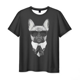 Мужская футболка 3D с принтом Бульдог в черном в Кировске, 100% полиэфир | прямой крой, круглый вырез горловины, длина до линии бедер | Тематика изображения на принте: бульдог | домашние животные | пес | песик | собака | собачка | французский бульдог
