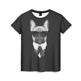 Женская футболка 3D с принтом Бульдог в черном в Кировске, 100% полиэфир ( синтетическое хлопкоподобное полотно) | прямой крой, круглый вырез горловины, длина до линии бедер | бульдог | домашние животные | пес | песик | собака | собачка | французский бульдог