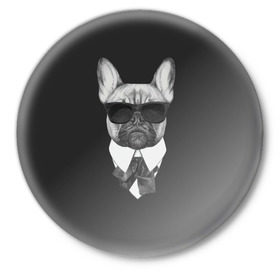 Значок с принтом Бульдог в черном в Кировске,  металл | круглая форма, металлическая застежка в виде булавки | бульдог | домашние животные | пес | песик | собака | собачка | французский бульдог