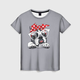 Женская футболка 3D с принтом Бульдог в очках_2 в Кировске, 100% полиэфир ( синтетическое хлопкоподобное полотно) | прямой крой, круглый вырез горловины, длина до линии бедер | Тематика изображения на принте: бульдог | домашние животные | пес | песик | собака | собачка | французский бульдог