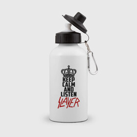 Бутылка спортивная с принтом Keep calm and listen Slayer в Кировске, металл | емкость — 500 мл, в комплекте две пластиковые крышки и карабин для крепления | Тематика изображения на принте: 
