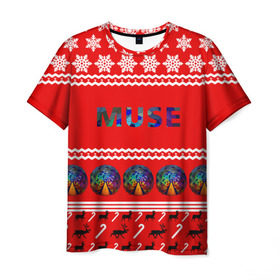 Мужская футболка 3D с принтом Праздничный Muse в Кировске, 100% полиэфир | прямой крой, круглый вырез горловины, длина до линии бедер | muse | альтернативный | группа | доминик ховард | знак | красный | крис уолстенхолм | мо | моус | моусе | муза | музе | мусе | мэттью беллами | надпись | новогодний | новый год | праздник | прогрессивный