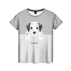 Женская футболка 3D с принтом Dalmatian Puppy в Кировске, 100% полиэфир ( синтетическое хлопкоподобное полотно) | прямой крой, круглый вырез горловины, длина до линии бедер | Тематика изображения на принте: далматин | далматинец | домашние животные | пес | песик | собака | собачка | терьер | шпиц