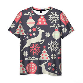 Мужская футболка 3D с принтом Зимние фантазии в Кировске, 100% полиэфир | прямой крой, круглый вырез горловины, длина до линии бедер | елка | елочные игрушки | новый год | олень | снег | снежинки