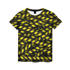 Женская футболка 3D с принтом Черно-желтая лента в Кировске, 100% полиэфир ( синтетическое хлопкоподобное полотно) | прямой крой, круглый вырез горловины, длина до линии бедер | danger | желтый | знак | ограждение | опастость | паттрен | скотч | черный