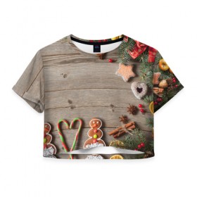 Женская футболка 3D укороченная с принтом Запах нового года в Кировске, 100% полиэстер | круглая горловина, длина футболки до линии талии, рукава с отворотами | 