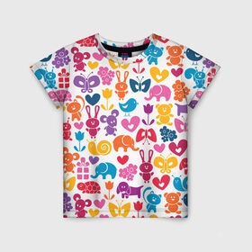 Детская футболка 3D с принтом Веселый зоопарк в Кировске, 100% гипоаллергенный полиэфир | прямой крой, круглый вырез горловины, длина до линии бедер, чуть спущенное плечо, ткань немного тянется | бабочка | заяц | кролик | слон | цветы | черепаxа