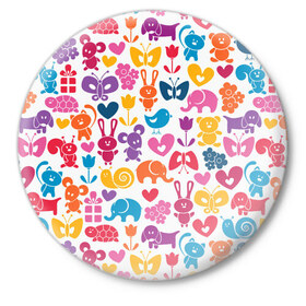 Значок с принтом Веселый зоопарк в Кировске,  металл | круглая форма, металлическая застежка в виде булавки | бабочка | заяц | кролик | слон | цветы | черепаxа