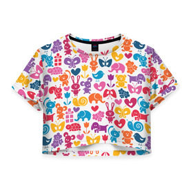 Женская футболка 3D укороченная с принтом Веселый зоопарк в Кировске, 100% полиэстер | круглая горловина, длина футболки до линии талии, рукава с отворотами | бабочка | заяц | кролик | слон | цветы | черепаxа