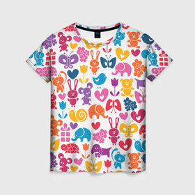 Женская футболка 3D с принтом Веселый зоопарк в Кировске, 100% полиэфир ( синтетическое хлопкоподобное полотно) | прямой крой, круглый вырез горловины, длина до линии бедер | бабочка | заяц | кролик | слон | цветы | черепаxа