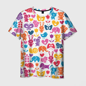 Мужская футболка 3D с принтом Веселый зоопарк в Кировске, 100% полиэфир | прямой крой, круглый вырез горловины, длина до линии бедер | бабочка | заяц | кролик | слон | цветы | черепаxа