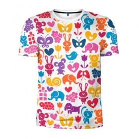 Мужская футболка 3D спортивная с принтом Веселый зоопарк в Кировске, 100% полиэстер с улучшенными характеристиками | приталенный силуэт, круглая горловина, широкие плечи, сужается к линии бедра | бабочка | заяц | кролик | слон | цветы | черепаxа