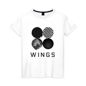 Женская футболка хлопок с принтом BTS wings в Кировске, 100% хлопок | прямой крой, круглый вырез горловины, длина до линии бедер, слегка спущенное плечо | bangtan boys | bts | bts army | бантаны бтс