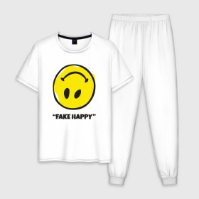 Мужская пижама хлопок с принтом Fake Happy в Кировске, 100% хлопок | брюки и футболка прямого кроя, без карманов, на брюках мягкая резинка на поясе и по низу штанин
 | 