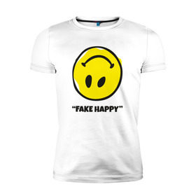 Мужская футболка премиум с принтом Fake Happy в Кировске, 92% хлопок, 8% лайкра | приталенный силуэт, круглый вырез ворота, длина до линии бедра, короткий рукав | 