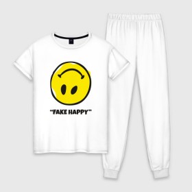 Женская пижама хлопок с принтом Fake Happy в Кировске, 100% хлопок | брюки и футболка прямого кроя, без карманов, на брюках мягкая резинка на поясе и по низу штанин | 