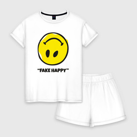Женская пижама с шортиками хлопок с принтом Fake Happy в Кировске, 100% хлопок | футболка прямого кроя, шорты свободные с широкой мягкой резинкой | 