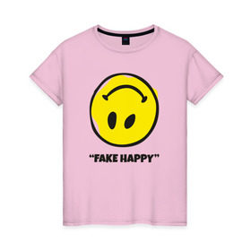 Женская футболка хлопок с принтом Fake Happy в Кировске, 100% хлопок | прямой крой, круглый вырез горловины, длина до линии бедер, слегка спущенное плечо | 