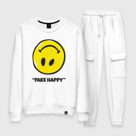 Женский костюм хлопок с принтом Fake Happy в Кировске, 100% хлопок | на свитшоте круглая горловина, мягкая резинка по низу. Брюки заужены к низу, на них два вида карманов: два 