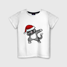 Детская футболка хлопок с принтом DAB Cat Santa в Кировске, 100% хлопок | круглый вырез горловины, полуприлегающий силуэт, длина до линии бедер | Тематика изображения на принте: даб | кот | новогодний | рождество | шапка