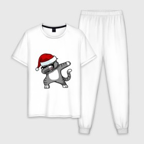 Мужская пижама хлопок с принтом DAB Cat Santa в Кировске, 100% хлопок | брюки и футболка прямого кроя, без карманов, на брюках мягкая резинка на поясе и по низу штанин
 | даб | кот | новогодний | рождество | шапка