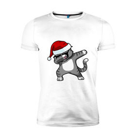 Мужская футболка премиум с принтом DAB Cat Santa в Кировске, 92% хлопок, 8% лайкра | приталенный силуэт, круглый вырез ворота, длина до линии бедра, короткий рукав | даб | кот | новогодний | рождество | шапка