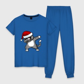 Женская пижама хлопок с принтом DAB Cat Santa в Кировске, 100% хлопок | брюки и футболка прямого кроя, без карманов, на брюках мягкая резинка на поясе и по низу штанин | даб | кот | новогодний | рождество | шапка