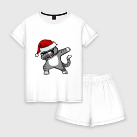 Женская пижама с шортиками хлопок с принтом DAB Cat Santa в Кировске, 100% хлопок | футболка прямого кроя, шорты свободные с широкой мягкой резинкой | даб | кот | новогодний | рождество | шапка
