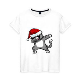 Женская футболка хлопок с принтом DAB Cat Santa в Кировске, 100% хлопок | прямой крой, круглый вырез горловины, длина до линии бедер, слегка спущенное плечо | даб | кот | новогодний | рождество | шапка