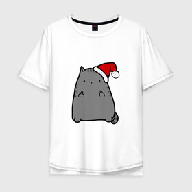 Мужская футболка хлопок Oversize с принтом New Year Cat в Кировске, 100% хлопок | свободный крой, круглый ворот, “спинка” длиннее передней части | кот | новогодний | рождество | шапка