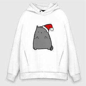 Мужское худи Oversize хлопок с принтом New Year Cat в Кировске, френч-терри — 70% хлопок, 30% полиэстер. Мягкий теплый начес внутри —100% хлопок | боковые карманы, эластичные манжеты и нижняя кромка, капюшон на магнитной кнопке | кот | новогодний | рождество | шапка