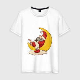 Мужская футболка хлопок с принтом Санта на луне в Кировске, 100% хлопок | прямой крой, круглый вырез горловины, длина до линии бедер, слегка спущенное плечо. | 