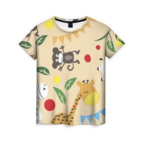 Женская футболка 3D с принтом Веселый зоопарк в Кировске, 100% полиэфир ( синтетическое хлопкоподобное полотно) | прямой крой, круглый вырез горловины, длина до линии бедер | жираф | лошадь | мартышка | пони