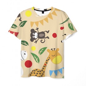 Мужская футболка 3D с принтом Веселый зоопарк в Кировске, 100% полиэфир | прямой крой, круглый вырез горловины, длина до линии бедер | жираф | лошадь | мартышка | пони