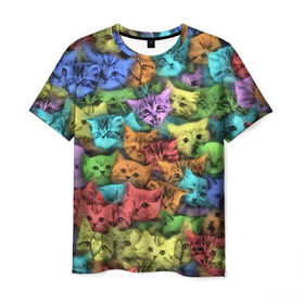 Мужская футболка 3D с принтом Разноцветные коты в Кировске, 100% полиэфир | прямой крой, круглый вырез горловины, длина до линии бедер | Тематика изображения на принте: котенок | котик | котята | кошка | кошки | паттерн