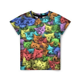Детская футболка 3D с принтом Разноцветные коты в Кировске, 100% гипоаллергенный полиэфир | прямой крой, круглый вырез горловины, длина до линии бедер, чуть спущенное плечо, ткань немного тянется | котенок | котик | котята | кошка | кошки | паттерн
