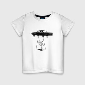Детская футболка хлопок с принтом Похищение пришельца в Кировске, 100% хлопок | круглый вырез горловины, полуприлегающий силуэт, длина до линии бедер | Тематика изображения на принте: авто | космонавт | космос | нло | пришельцы
