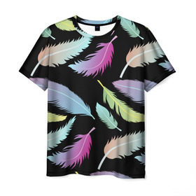 Мужская футболка 3D с принтом Радужные перья в Кировске, 100% полиэфир | прямой крой, круглый вырез горловины, длина до линии бедер | арт | белый | мульт | новинки | прикольный | птица | рисунок | сова | филин | черный