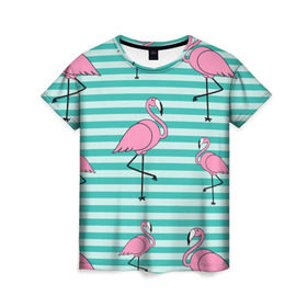 Женская футболка 3D с принтом Фламинго в Кировске, 100% полиэфир ( синтетическое хлопкоподобное полотно) | прямой крой, круглый вырез горловины, длина до линии бедер | арт | белый | дикий | мульт | птица | рисунок | фламинго | черный