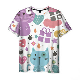 Мужская футболка 3D с принтом Яркие котики в Кировске, 100% полиэфир | прямой крой, круглый вырез горловины, длина до линии бедер | кот | котейка | кошка | подарок | порода | прикольные | тайна | яркие