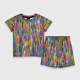 Детский костюм с шортами 3D с принтом Разноцветные карандаши в Кировске,  |  | Тематика изображения на принте: дизайнер | карандаш | палитра | паттерн | радуга | рисование | рисунок | художник | цвет | цветной | школа