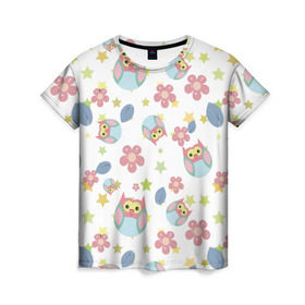 Женская футболка 3D с принтом Веселые совята в Кировске, 100% полиэфир ( синтетическое хлопкоподобное полотно) | прямой крой, круглый вырез горловины, длина до линии бедер | птица | сова | филин