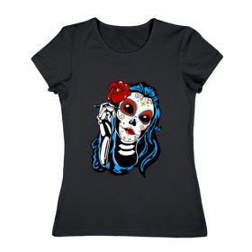Женская футболка хлопок с принтом Макияж Мексиканский череп в Кировске, 100% хлопок | прямой крой, круглый вырез горловины, длина до линии бедер, слегка спущенное плечо | 