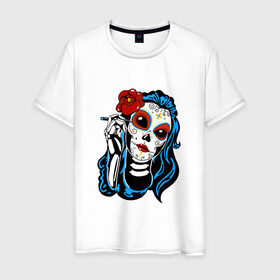 Мужская футболка хлопок с принтом Макияж Мексиканский череп в Кировске, 100% хлопок | прямой крой, круглый вырез горловины, длина до линии бедер, слегка спущенное плечо. | 